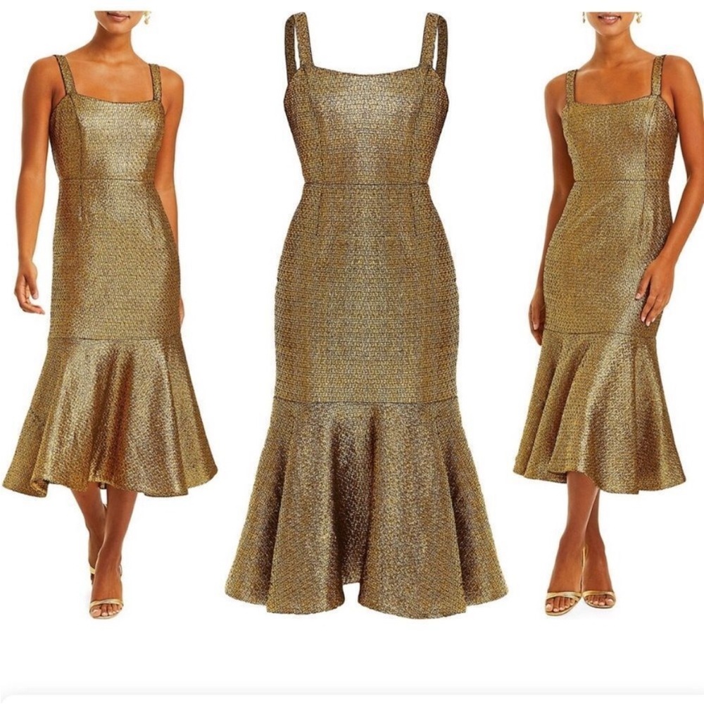 NWT Mestiza New York Gold Metallic Tweed Jody Square Neck‎ Flutter Hem Midi 10